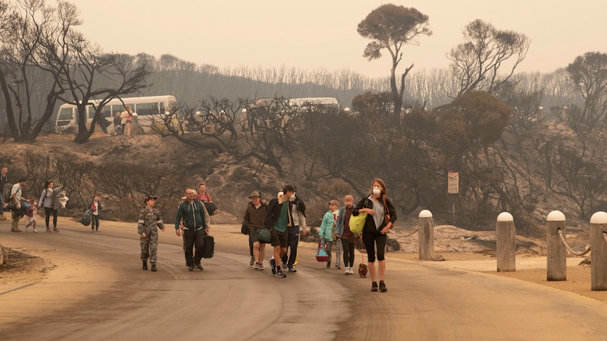 Bushfire evacuees walk down to the beach at Mallacoota to board vessels and be ferried out to HMAS Choules.