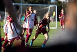 A group of junior soccer players chase the ball during a match at Rosalie Park.