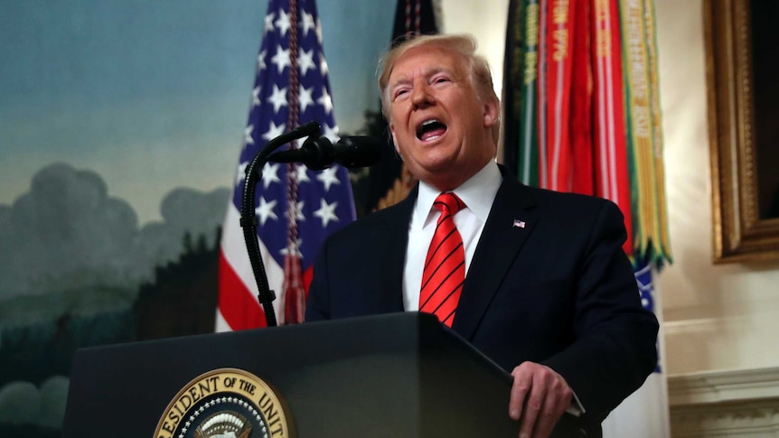 Donald Trump wears a suit and speaks at a podium