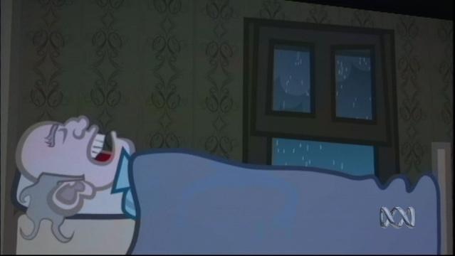 Cartoon of old man asleep in a bed