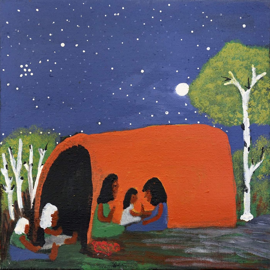 A painting which shows a group of grandmothers, aunties and mothers telling the Christmas story to their children.