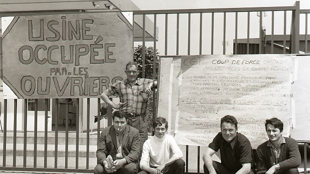 Strikers in Southern France with a sign reading "Factory Occupied by the Workers."