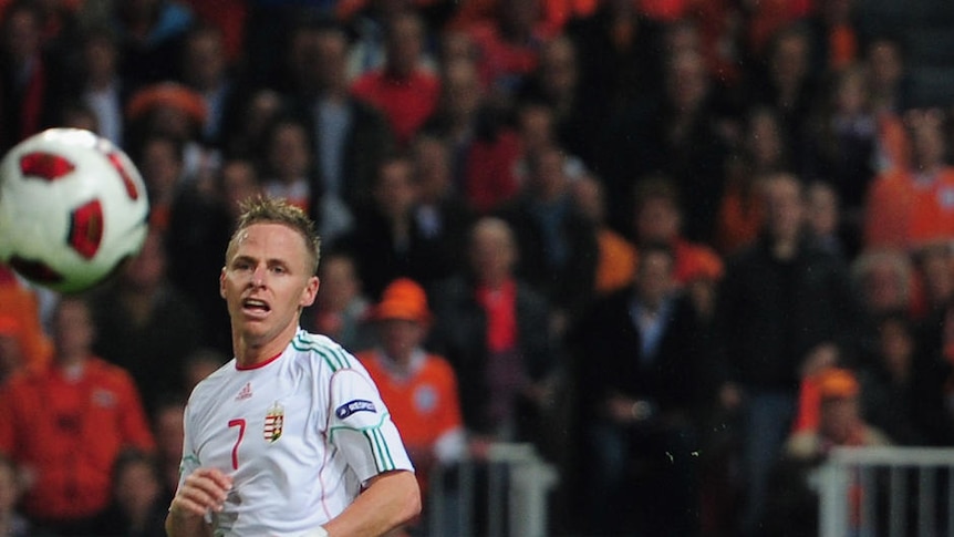 Netherlands striker Dirk Kuyt (right) scores against Hungary at Amsterdam Arena.