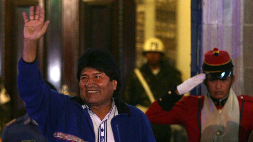 Bolivia's president Evo Morales waves to supporters