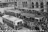 Old photo of trams and a trolley bus in Hobart.