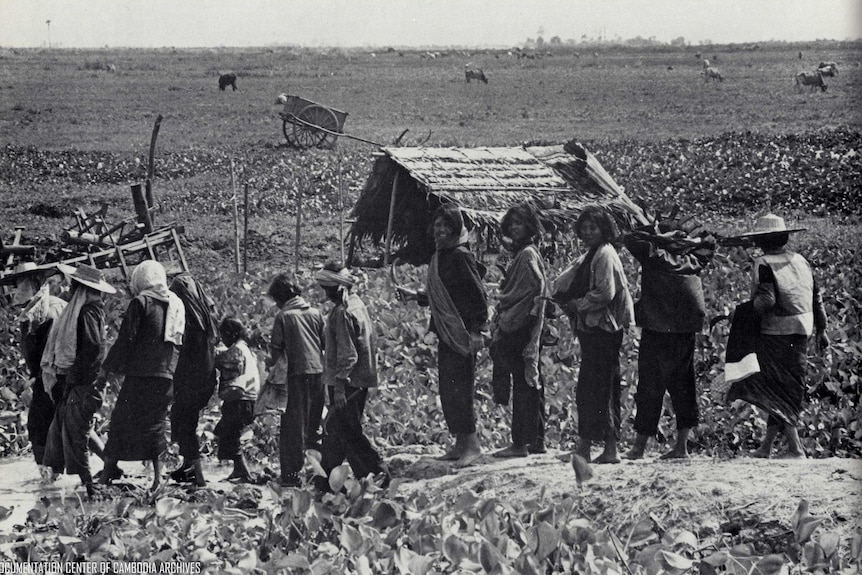 A black and white photo of a group of women standing in front of a hut.