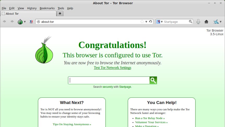 A screenshot showing Tor's homepage.