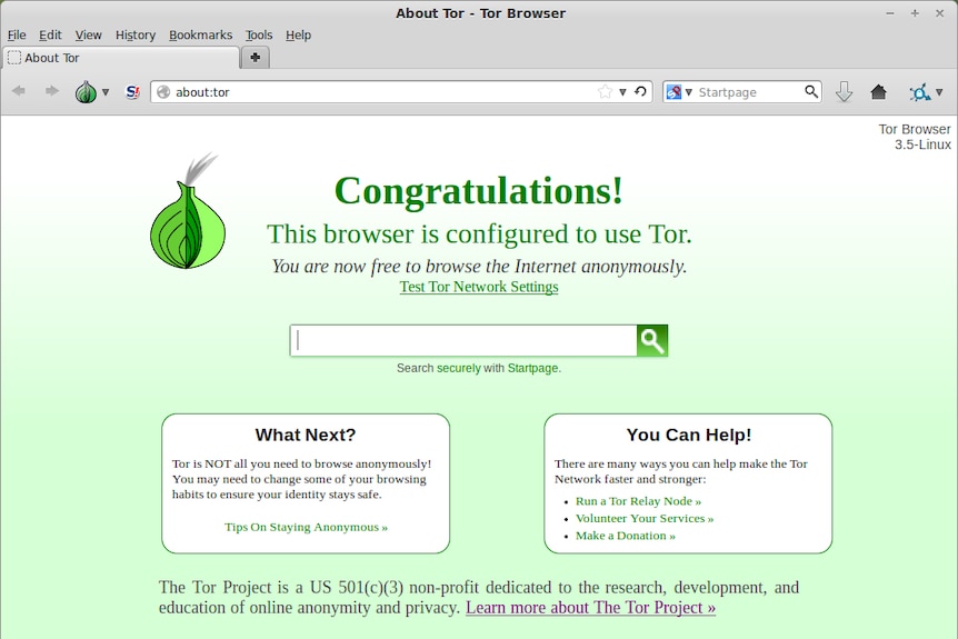 A screenshot showing Tor's homepage.