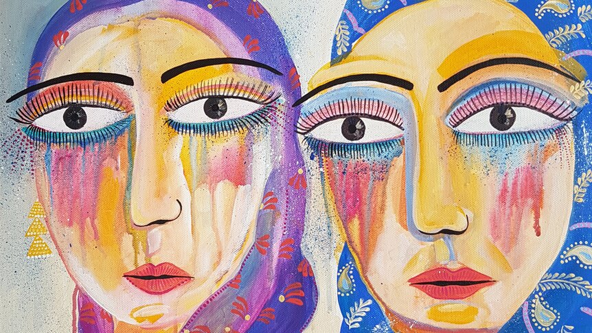 A painting by Amani Haydar of two hijabi women, tears streaming down their faces.