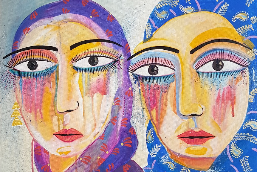 A painting by Amani Haydar of two hijabi women, tears streaming down their faces.