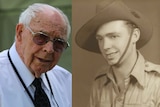 WWII veteran Allan Rice in Darwin for the 74th anniversary of the Japanese attack, and [right] as a young soldier.