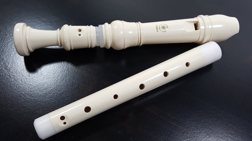 A white plastic recorder