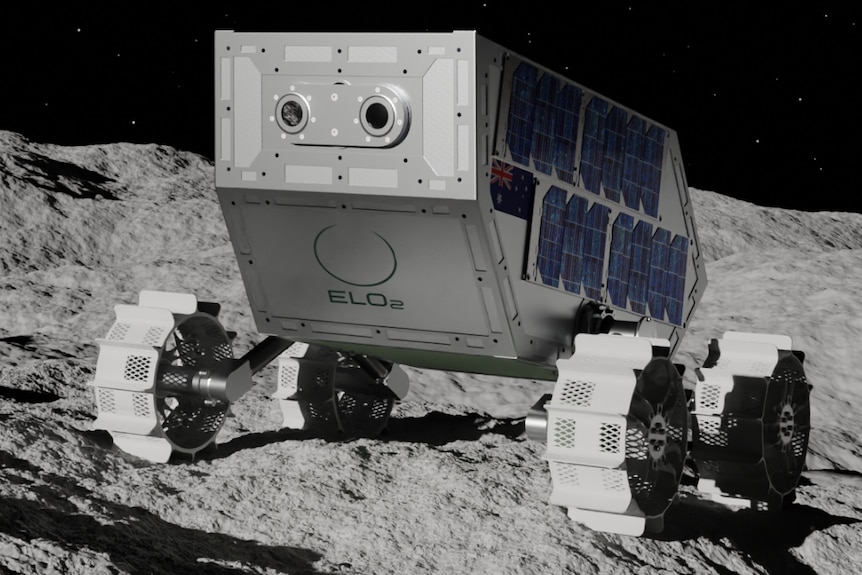 An artist's impression of a lunar rover on the surface of the Moon, with ridged wheels and solar panels on its side.
