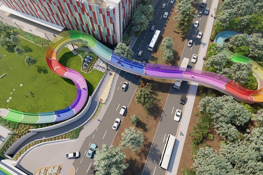 An aerial view showing an artist's impression of a footbridge from Perth Children's Hospital to Kings Park.
