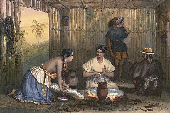Painting of two women making tortillas in 19th century Mexico, man drinking from bowl in background.