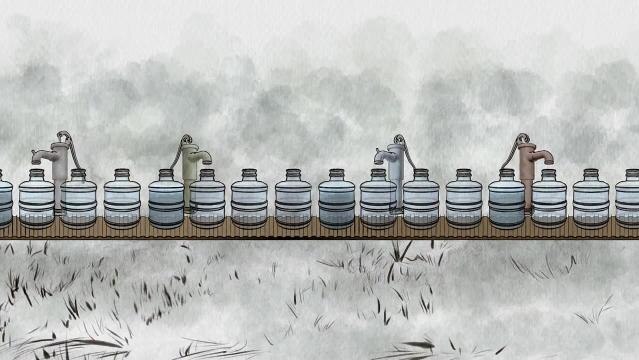 Drawing of watercooler bottles in row behind taps