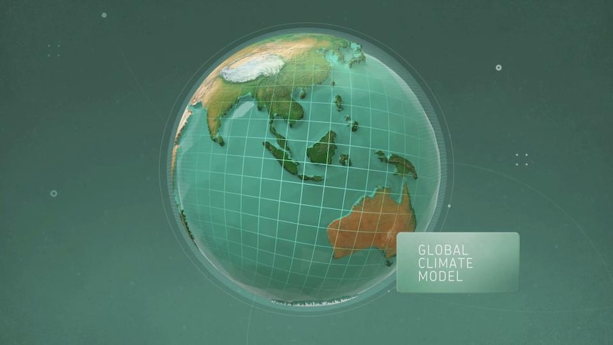 Computer image of Earth enveloped in grid pattern, text beside reads 'global climate model'
