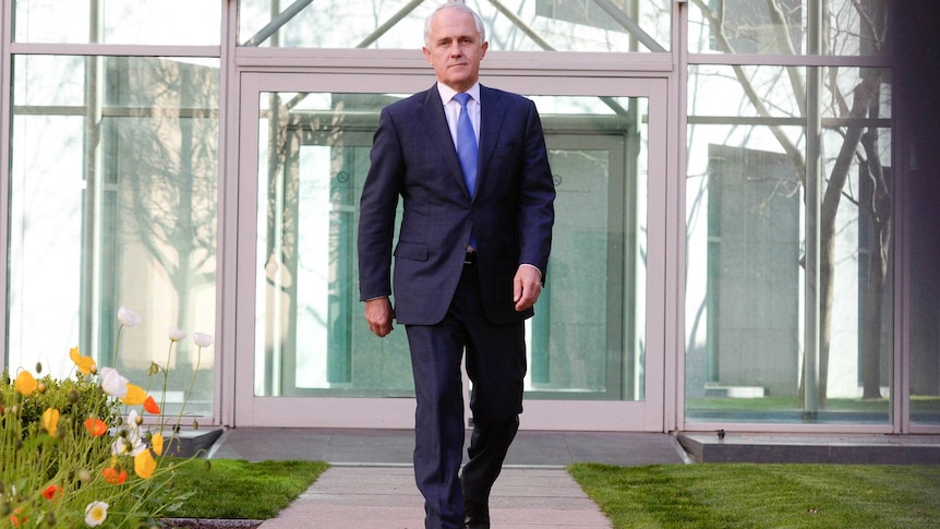 Federal Liberal MP Malcolm Turnbull walks to a press conference in Canberra to announce he will challenge for the party leadership on September 14, 2015.