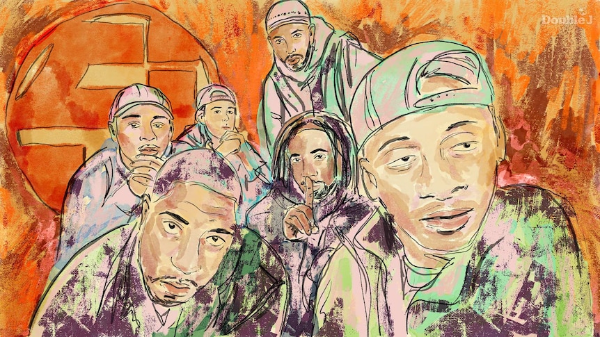Illustration of the six members of Jurassic 5 all crouched or standing together. The background is orange with the J5 symbol.