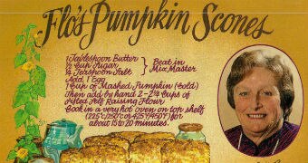 A postcard featuring the recipe for Lady Flo's pumpkin scones.