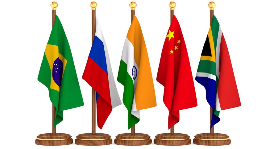 The flags of Russia, China, India, Brazil and South Africa