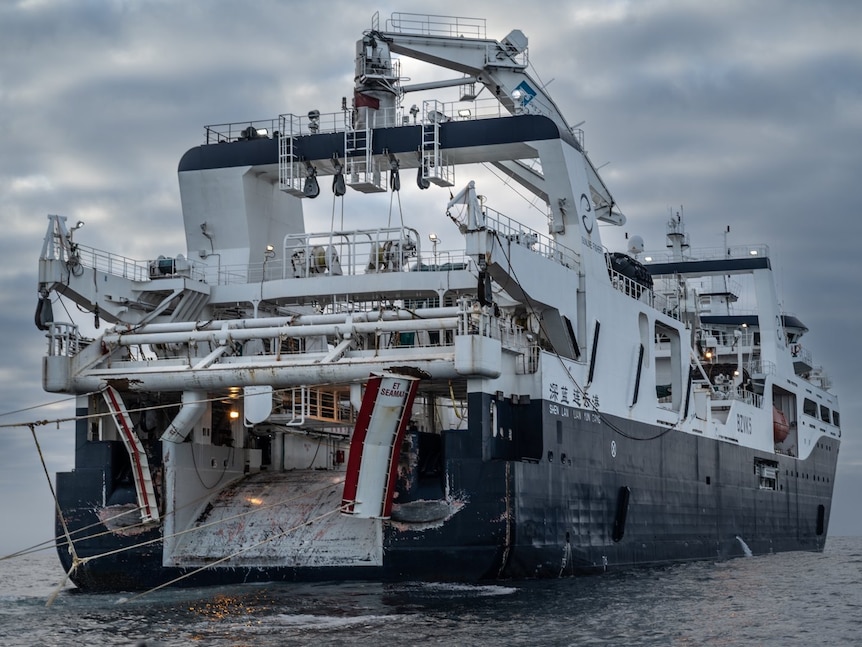 Rear of a large krill processing ship at sea.