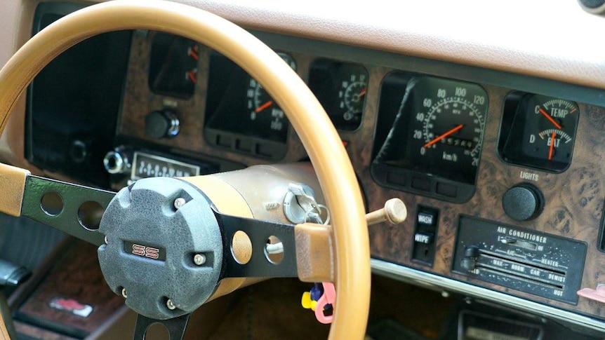 A close-up of a steering wheel in a Holden car.