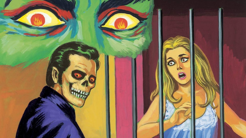 An evil zombie attacks a woman as the face of a green monster watches in the background.