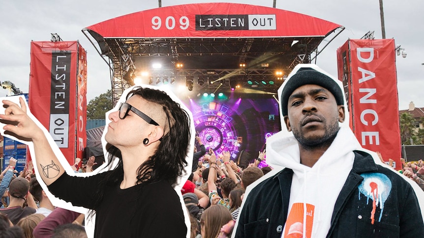 A collage of Skrillex and Skepta in front of the Listen Out stage in Melbourne, 2016