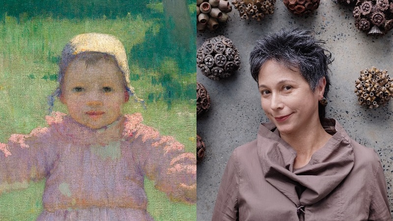 An impressionist painting of a girl with her arms outstretched is next to a new photograph of a woman among gumnut sculptures.