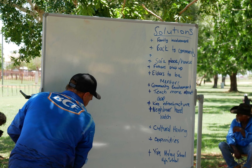 man writing on large whiteboard, with list of solutions