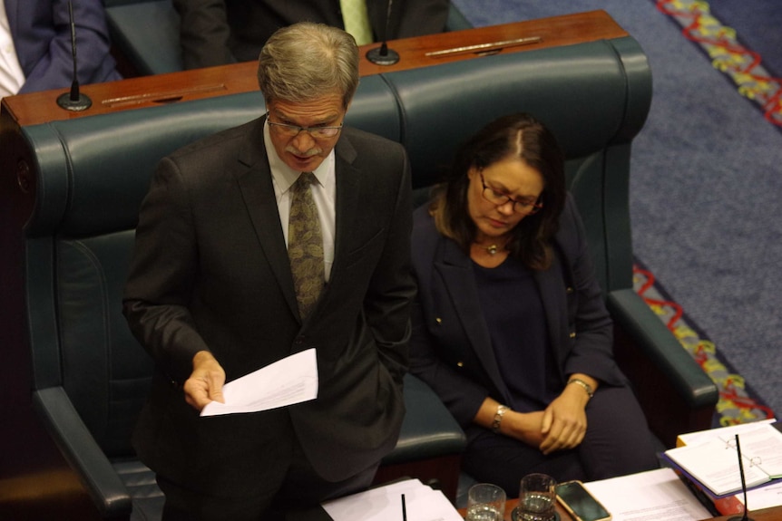 Opposition Leader Mike Nahan holds a piece of paper as he speaks in the chamber.
