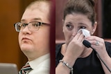 A composite image showing Timothy Jones Jr in court, and Amber Kyzer crying.