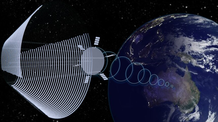 A drawing of a large orbital spherical solar array beaming power to Earth