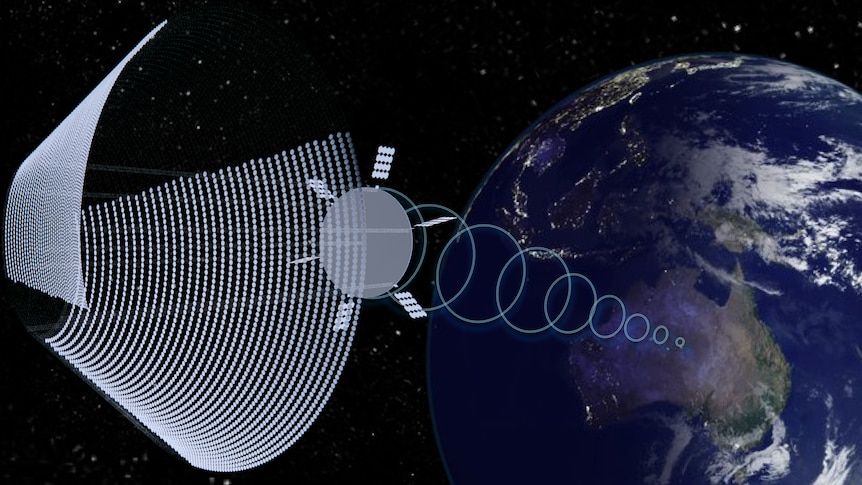 A drawing of a large orbital spherical solar array beaming power to Earth