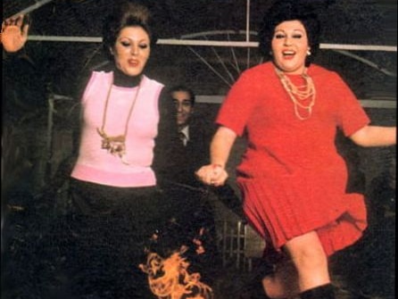 Two well-known Persian singers "Hayedeh" & "Mahasti", leaping over a fire at Chaharshanbe Suri in March, 1975.