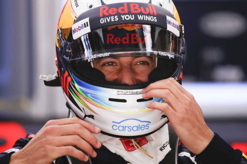 Daniel Ricciardo reacts in the team garage at the Formula One Russian Grand Prix in Sochi.