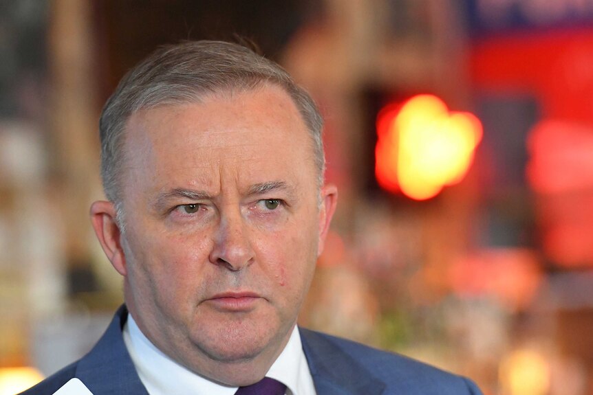 Anthony Albanese speaks to reporters in a pub.
