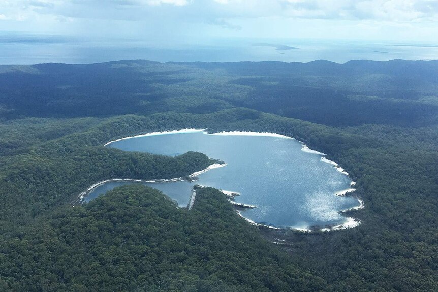 Aerial photo of Lake McKenzie on Fraser Island off south-east Queensland in April 2017.
