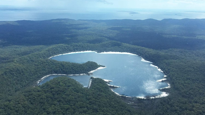 Aerial photo of Lake McKenzie on Fraser Island off south-east Queensland in April 2017.