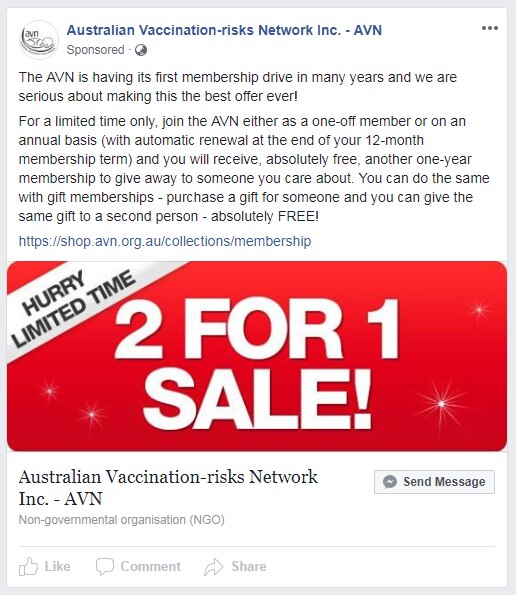 A Facebook ad from the Australian Vaccination-risks Network describing a membership drive.