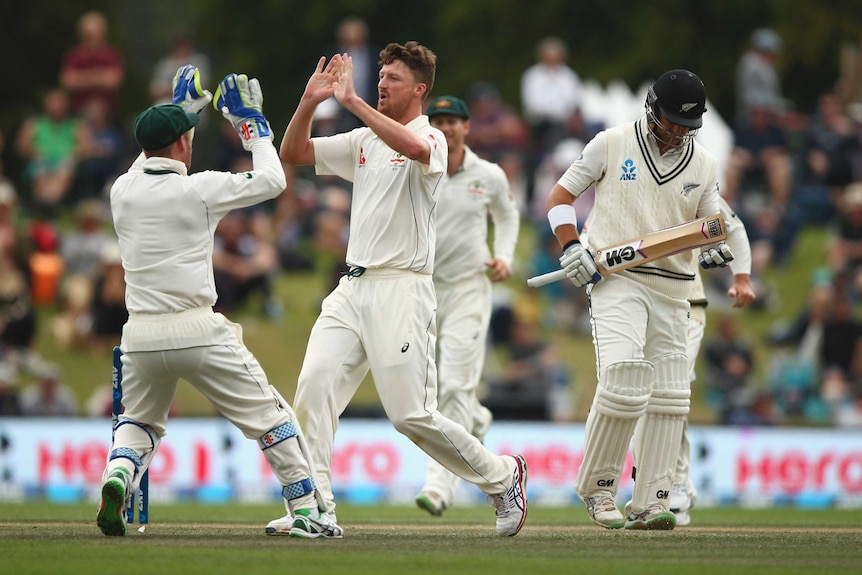 Australia's Jackson Bird celebrates the wicket of New Zealand's Corey Anderson in Christchurch.