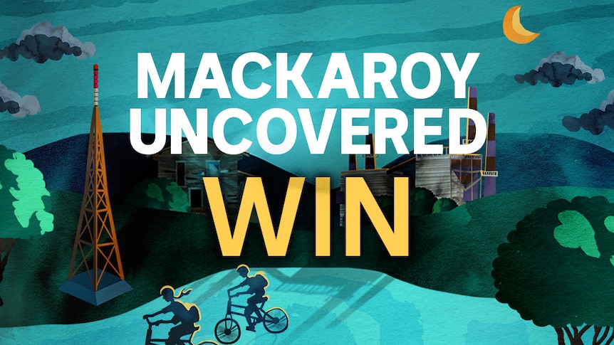 The text Mackaroy Uncovered WIN over an ominous night scene with two children on bikes