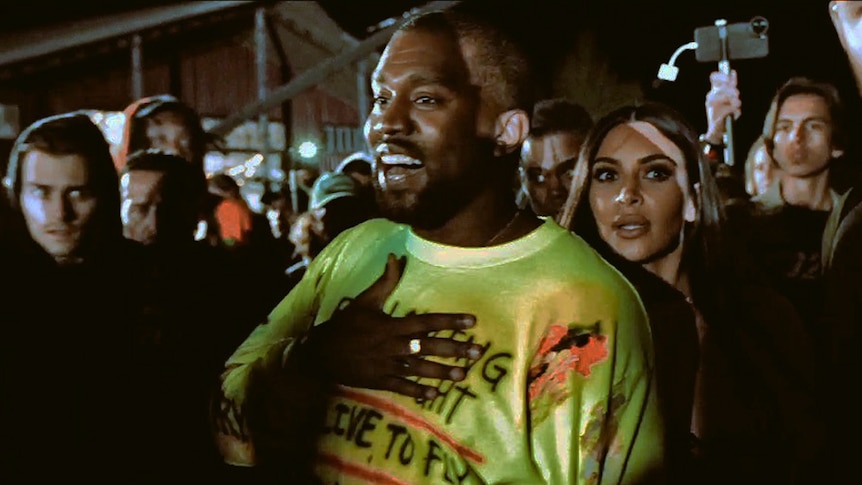 A shot of Kanye West and Kim Kardashian at the YE listening party in Jackson Hole, Wyoming 2018