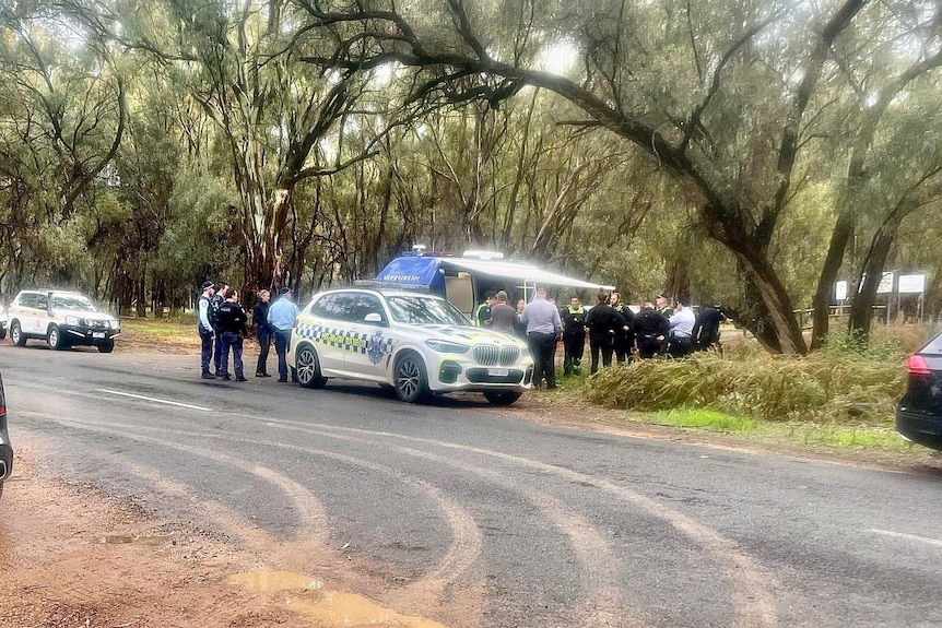 Police cars and police officers standing around cars in Mallee scrub