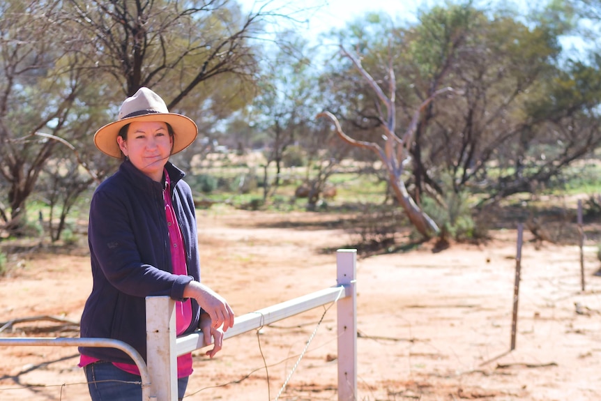 A woman leaning on a fence.