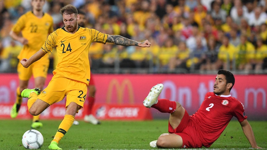 Martin Boyle scores for Australia against Lebanon