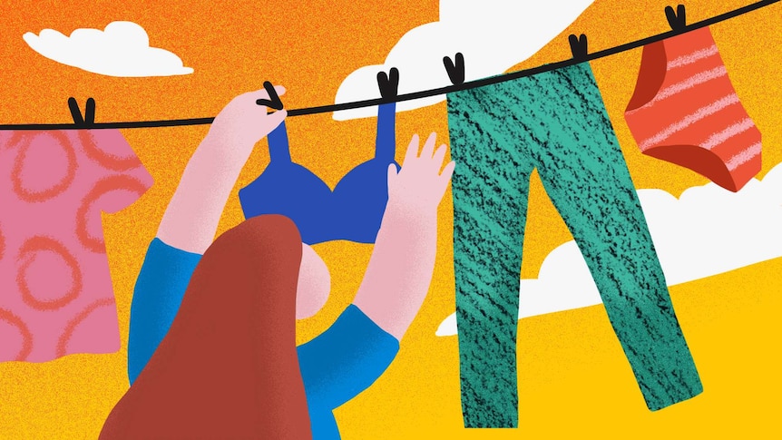 Illustration shows woman hanging out clothes on a washing line