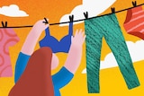 Illustration shows woman hanging out clothes on a washing line