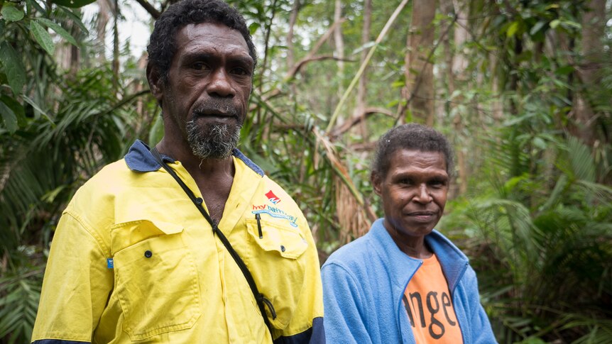 Two Traditional Owners of Kutini-Payamu (Iron Range) National Park, Roderick Doctor and Flora Giblet, in the rainforest.